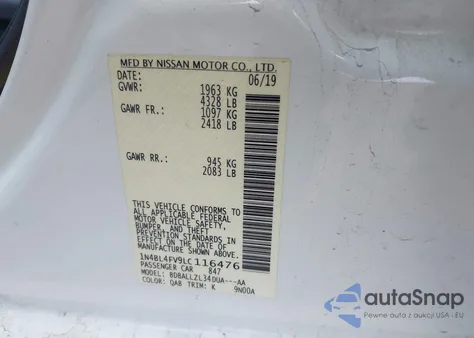 2020 Nissan Altima Platinum Fwd z USA, uszkodzony, nr VIN 1N4BL4FV9LC116476